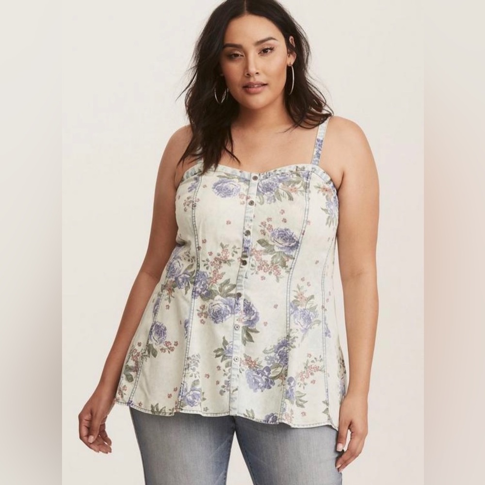 Multi-Color Floral Print Denim Seamed Cami Top